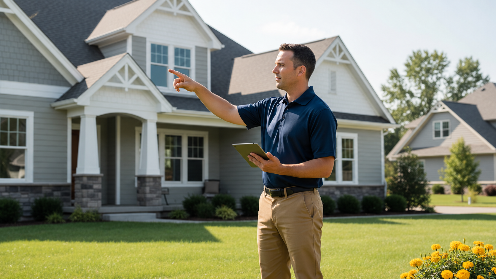 Home Inspector Pointing at House