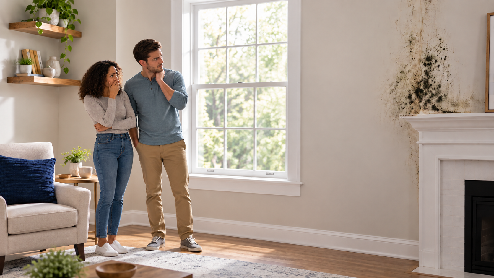 Concerned Couple Examines Moldy Living Room Wall