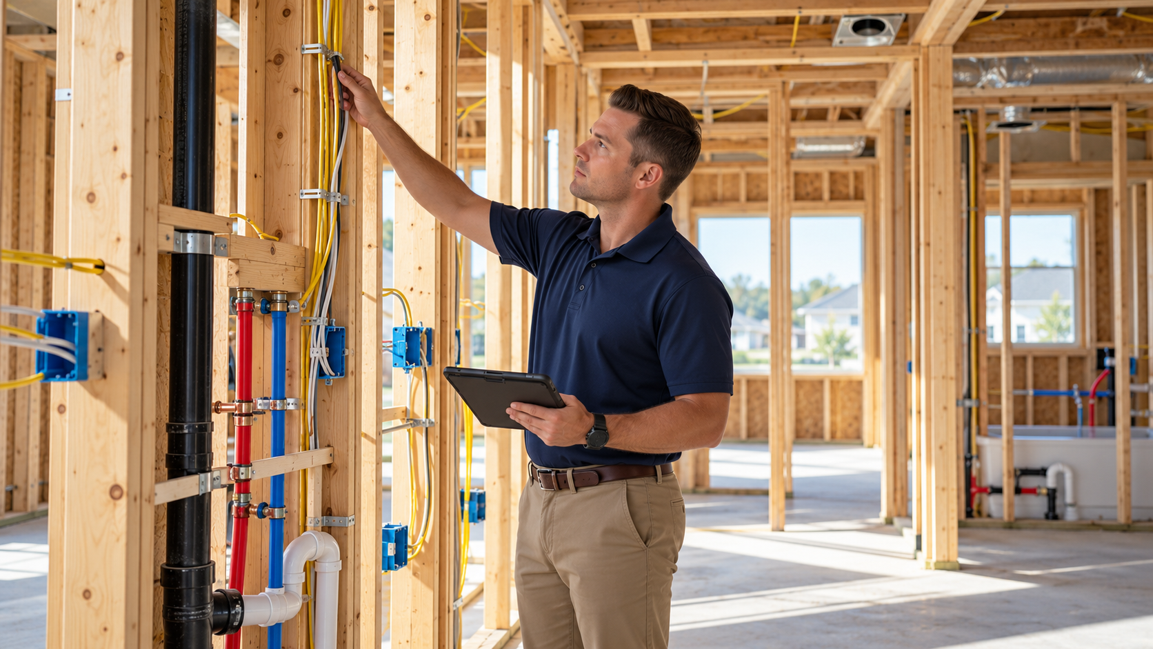 Home Inspector Examining Framing and Utilities Home Inspector Examining Framing and Utilities
