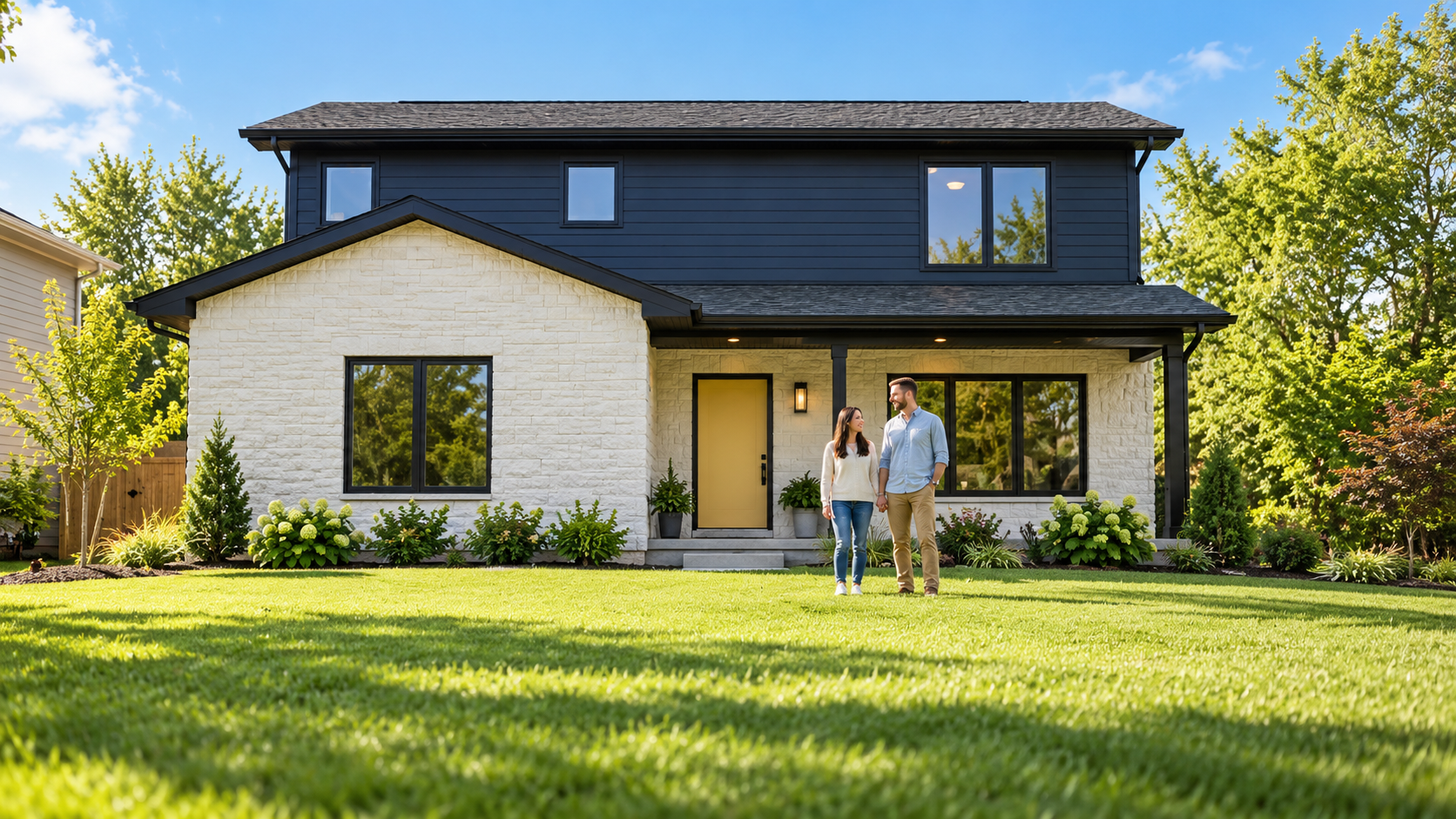 Modern Farmhouse with a Couple on the Lawn